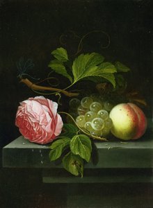 Et stilleben med en rose, druer og fersken, 1600-tallet